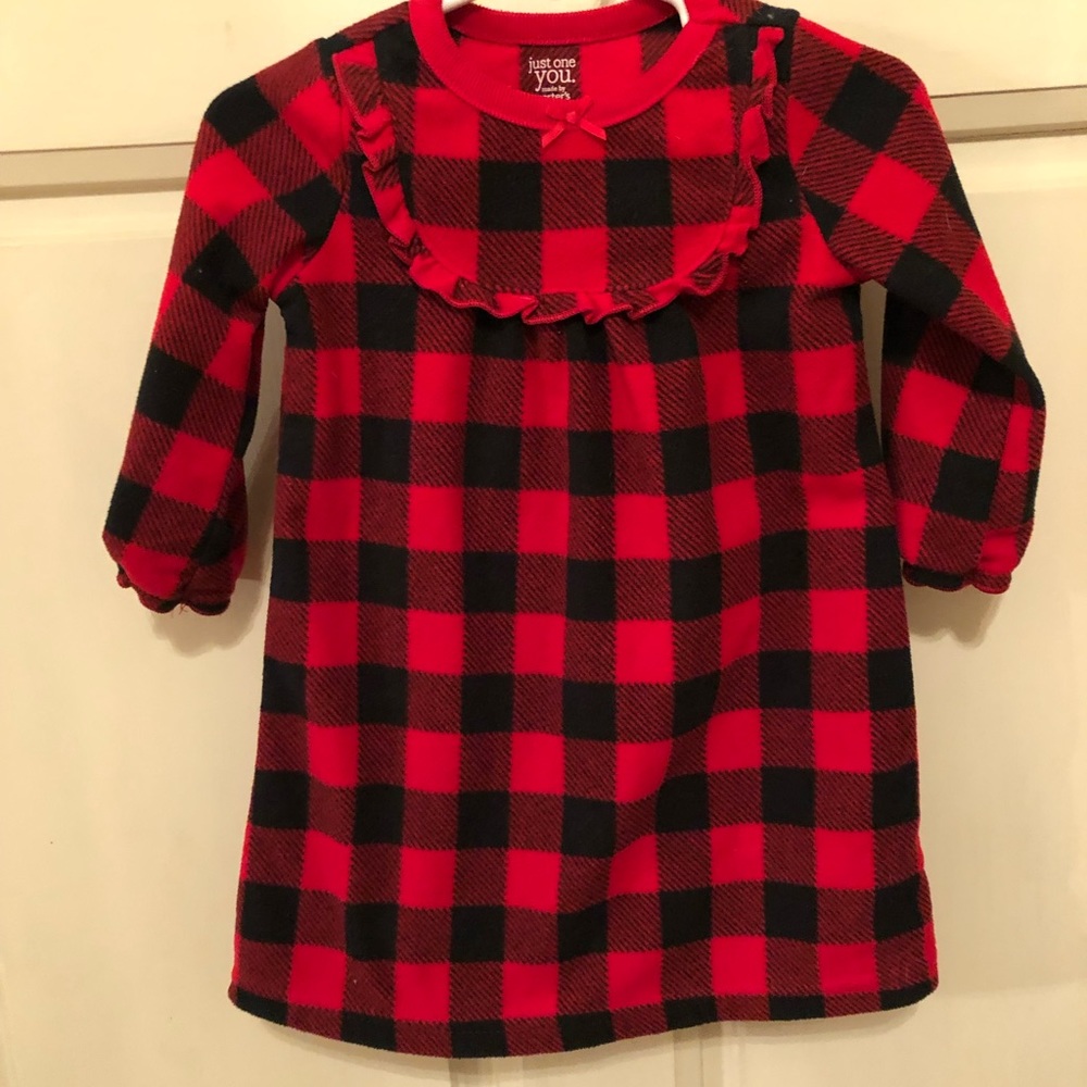 Girls red and black plaid nightgown fleece ruffle on the yolk size 12 months